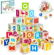 QUOKKA Wooden Blocks for Toddlers 1-3 - 26 Cartoonish Alphabet and Numbers Ba...