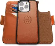 Dreem Fibonacci Compatible with iPhone 16 Pro Wallet case / 2-in-1 Shockproof case and Detachable Vegan Leather Folio, Compatible with MagSafe, RFID Protection [Caramel]
