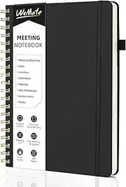 WEMATE Simplified Meeting Notebook for Work with Action Items 200 Pages, Office Supplies for Project Planner, PU Leather Hardcover Meeting Notes Notebook for Work, B5 (10" × 7") - Black