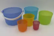 Tupperware Tote 'Em Buckets Pail Set Of 6 Nesting Stacking Toy Sand Bath New