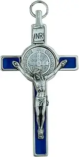 [Vatican Imports] 3" Colored Enamel St. Benedict Crucifix with Round St. Benedict Medal, Cord, and Booklet (Silver-tone w/blue enamel)