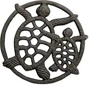 gasaré, Cast Iron Trivet for Hot Dishes, Pots, and Pans, Metal Trivet, Two Turtle Design, Rubber Feet Caps, Ring Hanger, 8.5 Inches, Brown, 1 Unit