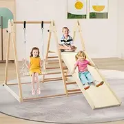 HONEY JOY 5-in-1 Indoor Jungle Gym, Foldable Montessori Climber Playset with Fun Slide & Adjustable Swing, Climbing Ramp & Ladder, Resting Area, Activity Center for Boys and Girls Aged 1+ Years Old