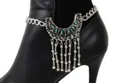 Ethnic Women Silver Metal Chain Boot Bracelet Shoe Bling Bead Antique Blue Charm