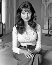 Madeline Smith looking demure in tight sweater & long skirt 1972 4x6 inch photo