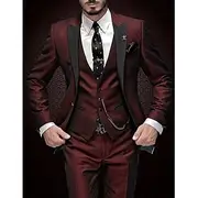 Burgundy Gray Men's Suits Wedding Party Suits Solid Colored 3 Piece Tuxedo Daily Business Plus Size Single Breasted One-buttons