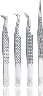 Fiber Tip Lash Tweezers Set of 4 - Professional Eyelash Extension Tools for Artists & Academy Trainers - Anti-Slip Diamond Grip Japanese Steel
