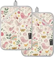 Kitchen Pot Holders Heat Resistant Cute Birds Rainbows Flowers Light Peach Potholders with Pocket Cooking Hot Pads Oven Mitts 2 Pack