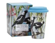 Australia Souvenir Magpie Bird Flora Double Walled Bone China Travel Mug