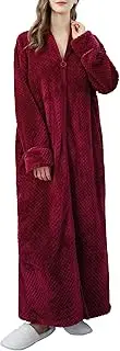 [Hiluckyyy] Women's Flannel Zip-Up Warm Cozy Plush Long Bathrobe | Soft Fuzzy House Coat Sleepwear for Winter | Thick Fleece Lined Loungewear Robe with Pockets