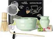 Fantasyon Matcha Whisk Set 7 Pcs Matcha Set Matcha Kit, Includes Matcha Bowl with Spout, Bamboo Whisk, Spoon, Sifter, Whisk Holder, Stand and Tea Towel for Matcha Tea Ceremony Tea Lovers Gift