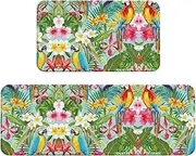 Tropical Plants and Parrots Print Kitchen Floor Mat 2 Sets Non-Slip Rugs for Kitchen Laundry Office and Home Decor