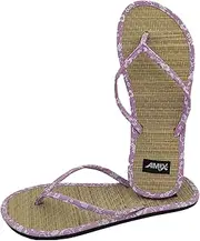 [Amix Diamond] Elegant Women Summer Slippers Caribbean Bamboo Base Non-Slip Sweatproof Fresh Flip Flops Straw Rubber Sole for Sea Beach Garden