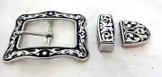Jeremiah Watt Belt Buckle Loop Keeper Tip Black 1 1/2" Square Western 3 Piece