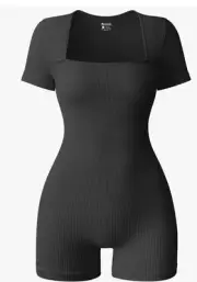 OQQ Black Womens Short Sleeve Romper Yoga Stretch Square Neck Exercise Medium