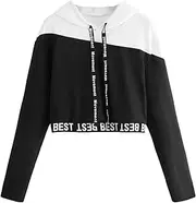 [SweatyRocks] Women's Letter Print Color Block Long Sleeve Crop Top Hoodies Pullover Sweatshirt
