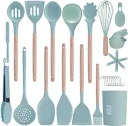 36 Pcs Silicone kitchen cooking utensil set with Holder - Non stick Food-Grade Natural Wood Handle Silicone Spatula Set