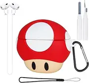 Cute Mushroom Cover for AirPods Pro (1st/2rd) Generation Case - 3D Funny Cartoon Anime Shockproof Protective Silicone Case 5 in 1 Accessories Set for AirPods Pro Case with Cleaning Pen Kit - Red