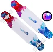 Sports Longboard Skateboard, 42.5" 8-Layer A-Level Maple Wood Four-Wheel Flashing Double-Sided Blue Wave Pattern Brushing Street Dance Step Board Suitable for Adult Men Women