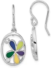[JewelryWeb] 925 Sterling Silver Polished Enameled and CZ Simulated Diamond Shepherd Hook Earrings 37x15mm Wide Dangle Earring for Women
