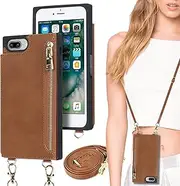 Cavor Flip Folio Cover for iPhone 7 Plus Case for iPhone 8 Plus Case (5.5") Crossbody PU Leather Wallet Card Slots Holder Kickstand & Shoulder Lanyard Strap Handbag Zipper Purse-Brown