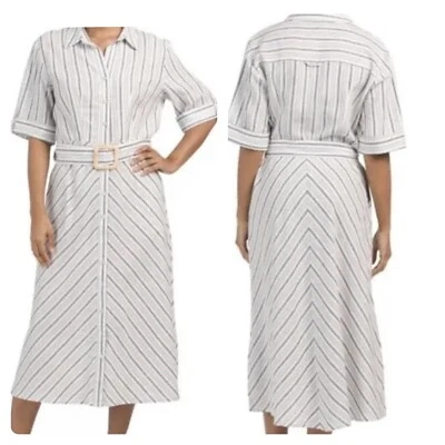 Tahari Midi A-Line Dress Linen Blend Blue Steel/Cream Belt Pockets NWT$98 Size S
