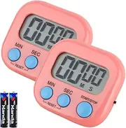 2 Pack Digital Kitchen Timer(Battery Included),Magnetic Digital Timers Loud Alarm Kitchen Timers for Cooking,Minute Second Count Up Countdown (Pink)