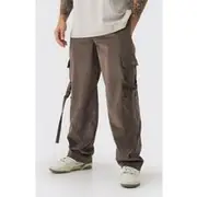 Mens Chocolate Fixed Waist Relaxed Suede Cargo Strap Trousers
