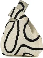 [WNV] Women Knitted Hobo Purse Stripes Crocheted Colorblock Knot Light Wristlet Tope-hanle Handbag For Shopping Work School