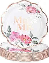 WRAPAHOLIC 25Pcs Wedding Paper Plates - 9 Inch Mr & Mrs and Floral Disposable Plates Decorative Dinner Plates for Party Tableware Supplies Table Decor