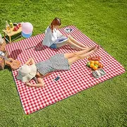 Three Donkeys Machine Washable Extra Large Picnic & Beach Blanket Handy Mat Plus Thick Dual Layers Sandproof Waterproof Padding Portable for The Family, Friends, Kids, 79"x79" (Red and White)