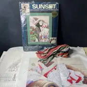 2000 Vintage Sunset Gallery 12 X 16 Cat And Patchwork Crewel Kit New In Open Bag