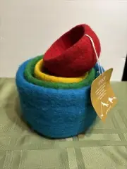 Set Of 4 Assorted Colors Wool Felt Nesting Bowls Colorful Boho Country Decor