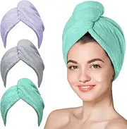 ETHEL Microfiber Hair Towel, Hair Turbans for Wet Hair, Drying Hair Wrap Towels for Women Fast Drying Hair Caps for Drying Curly, Long & Thick Hair Anti Frizz-Purple,Green,Grey-Pack of 3