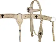 Light Oil Tooled & Cross Hair On Inlay Headstall & Breast Collar Set & Reins NEW