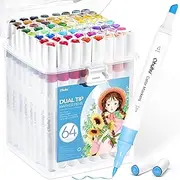 Ohuhu Markers for Adult Coloring Books: 64 Colors Brush Pens Dual Brush Chisel Tip Drawing Pens Water-Based Coloring Markers for Kids Adults Artist Calligraphy Sketching Bullet Journal with Case