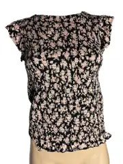 BNWT Ladies Sz 16 Anko Cap Sleeve Gathered Frill Soft Stretch Black Rose Top