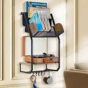 Wall Mounted Vinyl Record Player Stand with Storage, Record Player Holder for Albums, Mid Century Modern Turntable Stand, Vinyl Record Table, Vintage Record Player Cabinet Rack (Black)