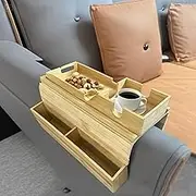 Foldable Bamboo Tray with Cup Holder Bamboo Couch Cup Holder Tray Detachable Sofa Armrest Table Anti-Slip Foldable Bamboo Sofa Armrest Tray for Drinks Cellphone TV Remote Snacks