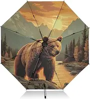 [PDZRMY] Bear Autumn Landscape UV Protection Travel Umbrella Compact for Rain and Sun - Auto Open and Close UPF 50+ Windproof Portable 46” Sun Umbrella for Women and Men