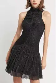 Sass & Bide Dress Size 14 Womens Halter High Neck Zip Mini Black Silver BNWT
