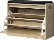 [OIKITURE] Shoe Cabinet with Flip-Up Drawer - Adjustable 3-Tier Shelves Shoe Bench, Freestanding Shoe Rack Storage Built-in Handle, 200KG Weight Capacity, Original Wood Color