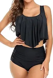 [Edelqual] Tankini Swimsuits for Women Plus Size Tummy Control Bathing Suit Two Piece Top High Waisted Bikini Bottom Swimwear Set