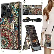 HOGGU Compatible for iPhone 14 Pro Case Wallet with Card Holder, Floral Leather Case with Crossbody Strap, Kickstand, Protective Phone Case for Women Girls-Mandala