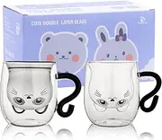 Cute Cat Mugs Set of 2 Cute Cat Tea Coffee Cups with Handle 8.5oz Milk Cup Double Wall Insulated Glass Espresso Cups Glass Personal Birthday Valentine's Day and Office Gift (2 Pack, White Black)
