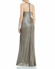 Adrianna Papell Mink Metallic Halter Gown with Beaded Back Formal Dress 12
