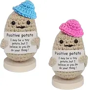 utosday Funny Positive Potato - 2pcs Cute Crochet Positive Potato Doll with Positive Card and Wooden Base, Soft Wool Knitting Emotional Support Positive Life Potato Toy for Birthday Gifts Room Decor