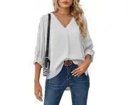 Womens Blouse Chiffon Elegant V-Neck Long Sleeve Business Work Shirt Tops-White