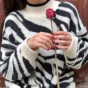 [N\C] Women's Sweater Korean Ins Fashion Loose Mock Neck Zebra Pattern Multi-Functional Women's Pullover Knitted top