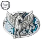 Pegasus Unicorn Belt Buckle Blue Silver Metal Zinc Alloy Western Cowboy Fashion